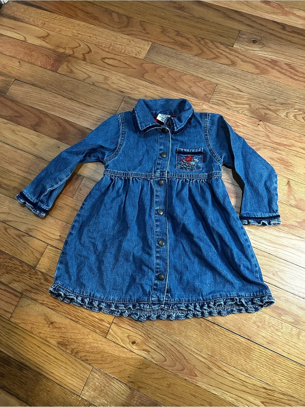 Vintage Oshkosh Girls Denim Dress Long Sleeve Embroidered Floral Button Up 2T